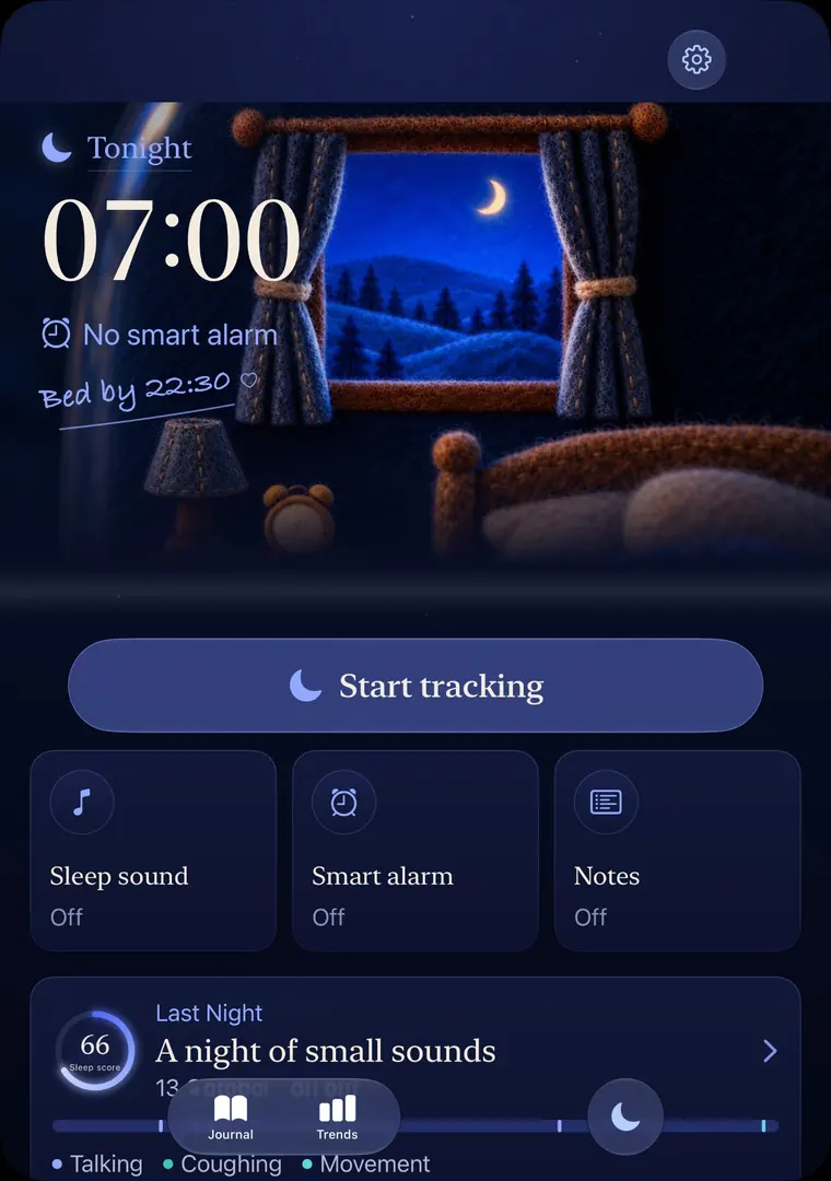 SleepLog on iPhone Duo half open: the 07:00 wake time on the top half, Start tracking and sleep sound, smart alarm and notes below