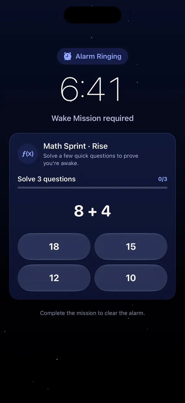 Alarm ringing with a Math Sprint Wake Mission: solve 3 questions, 8 + 4